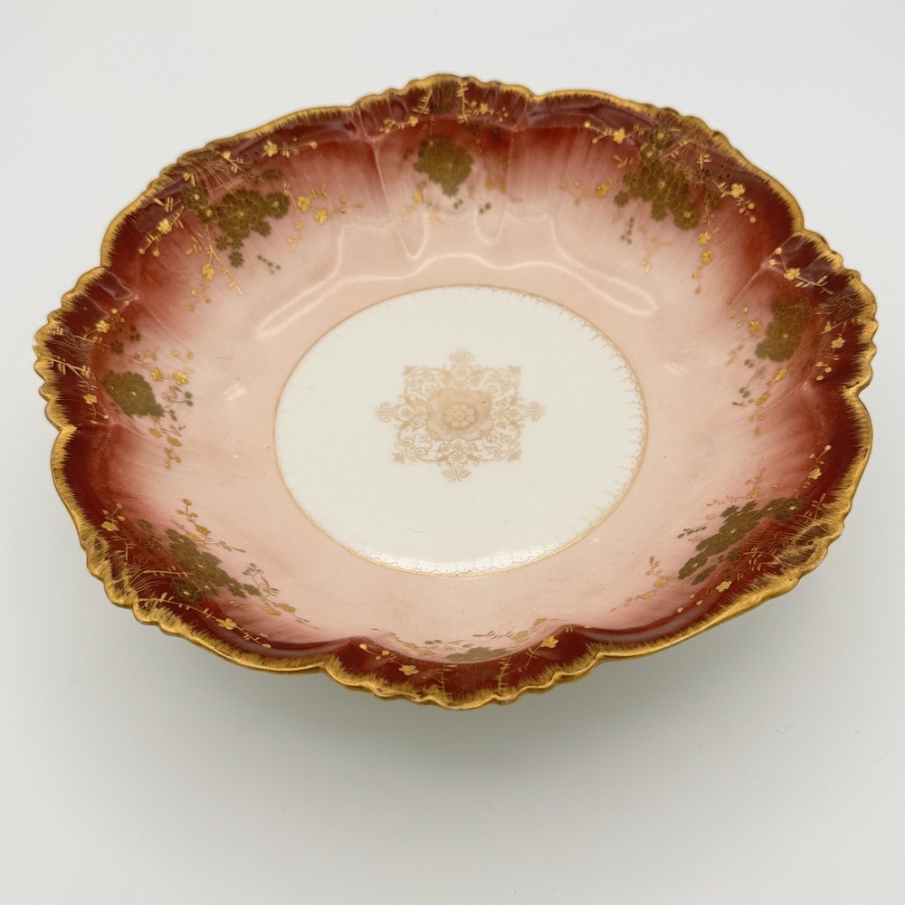 Antique Elite Limoges France Pink Gold Floral Scalloped Serving Bowl 10"